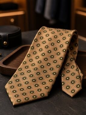Sakowitz Men's Tan Silk Tie with Green Geometric Medallions (1065)